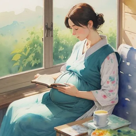 pregnant woman sitting on a couch reading a book and drinking coffee