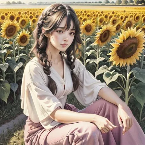 1girl, cinematic lighting, centered, (colorful), watercolor, high contrast, Draped top and wide-leg trousers, Dutch braids with baby pink highlights hairstyle, A tranquil, sunlit field of sunflowers, <lora:Colorwater_v4:0.4>, <lora:tachi-e:0.8>, (masterpiece, top quality, best quality, official art, beautiful and aesthetic:1.3), extreme detailed,highest detailed,(ultra-detailed),((an extremely delicate and beautiful)),watercolor,sketch,lineart, anime style