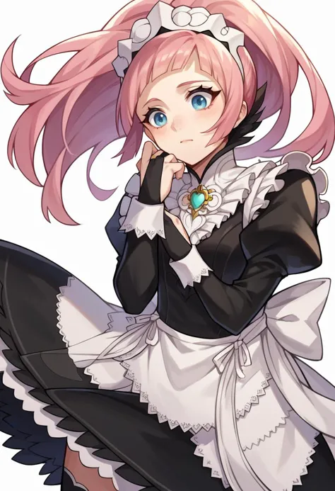 score_9, score_8_up, score_7_up, source_anime BREAK 1girl, <lora:felicia-fe-richy-v1_xl:1> feliciadef, pink hair, ponytail, blue eyes, maid headdress, brooch, maid apron, black thighhighs, bridal gauntlets