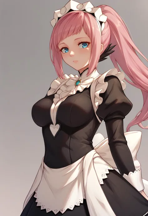 a woman in a maid outfit with a pink hair and a white apron