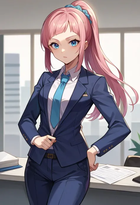 score_9, score_8_up, score_7_up, source_anime BREAK 1girl, solo, <lora:felicia-fe-richy-v1_xl:0.9> feliciarnd, pink hair, ponytail, blue eyes, suit, office lady, jacket, pants, blue necktie