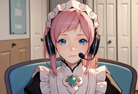 anime girl with headphones sitting in a chair with a microphone