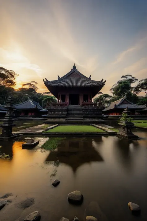 RAW Photo, indonesian temple, nature, sunrise,masterpiece, (best quality)1.1, intricate details