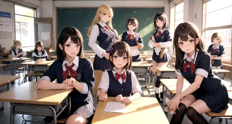 <lora:MultipleGirlsGroup:1>MULTIPLE GIRLS, GROUP PICTURE, 6+GIRLS, posing, detailed school uniform, look at viewer, best quality, hires, detailed background, beautiful lighting, classroom