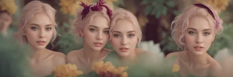 a group of women with blonde hair and flowers in front of them