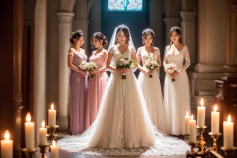 (open eyes:1.5), looking at viewer, (full body shot:1.3),
(8k, RAW photo, masterpiece:1.2), High detail RAW color photo, 
(realistic), ((best quality)), cinematic light,
wedding dress, long skirt, long sleeve, tiara, hair ornament, veil, gorgeous necklace lace, frills, long tail on dress,
 <lyco:MultipleGirlsGroup:1.0>, multiple girls, group picture, 4girls, symmetry
 <lora:OpticalTech:0.29>, opticaltech, inner glow, a lot of candles around temple