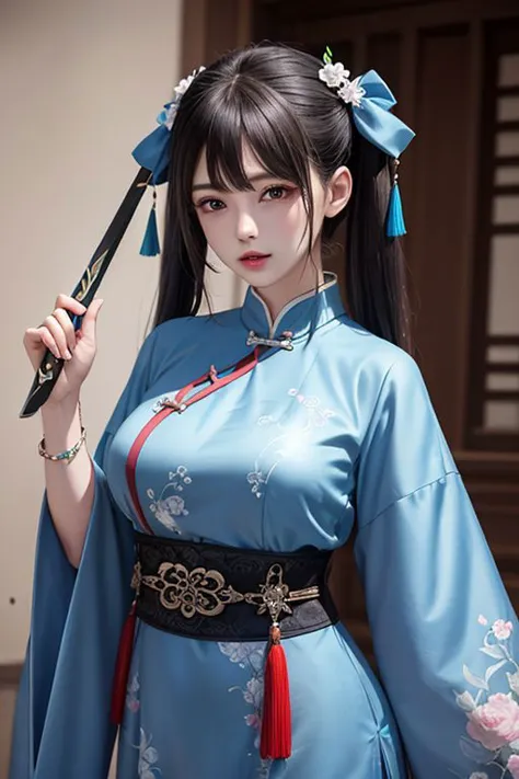 a woman in a blue dress holding a sword and a flower