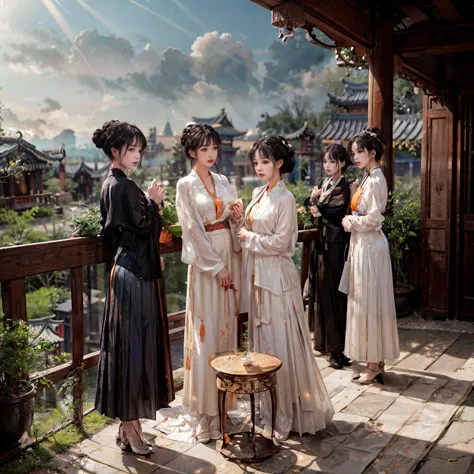 several women in traditional dress standing on a porch with a table