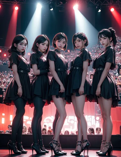 a group of girls in black dresses standing on stage