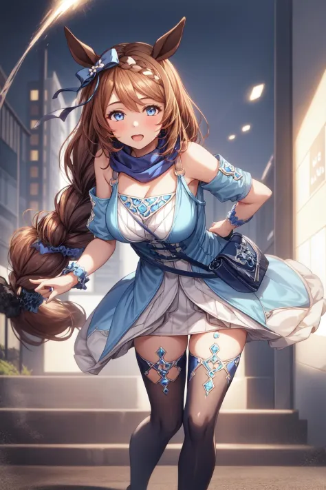 1girl, sup3rcr33k, blue dress, blue hair bow, blue wrist cuffs, blue thighhighs, shoulder bag, detach sleeves, blue scarf,  splash art, 