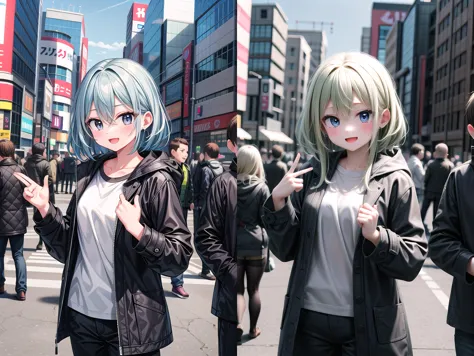 anime characters are standing in a crowded city street with people