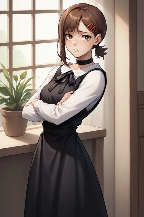 score_9, score_8_up, 1girl, solo <lora:csm_higashiyamakobeni_ponyXL:1> kobenicasual, mole under eye, mole under mouth, single sidelock, short ponytail, hairclip, brown hair, brown eyes, black dress, pinafore dress, sleeveless dress, white shirt, black ribbon, neck ribbon, long sleeves, black choker, puffy cheeks, pouting, crossed arms,