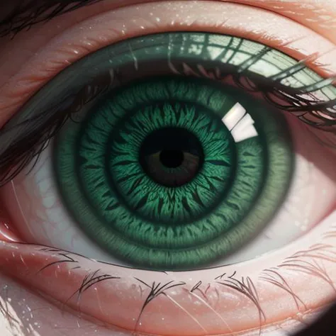 a close up of a person's eye with a green iris