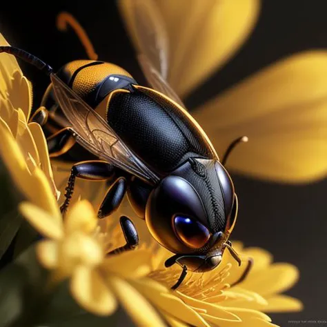 a close up of a bee on a yellow flower with a black background