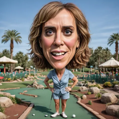 caricature full body portrait of happy  kristen wiig at mini golf course <lora:caricature_xl-000005:1>