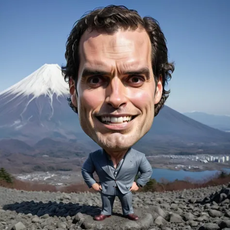 caricature full body portrait of happy  henry cavill at mount fuji <lora:caricature_xl-000001:1>