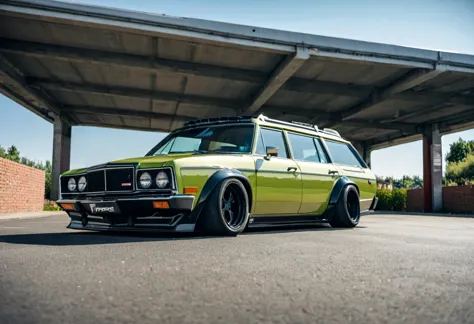 dutch angle, low view, <lora:wbc-xl-v1:1>, ultra widebody family stationwagon, 1970s style, (sharp forcus, highly detailed, 4k, ...