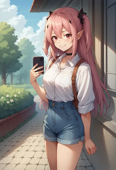 anime girl with pink hair and blue shorts holding a cell phone