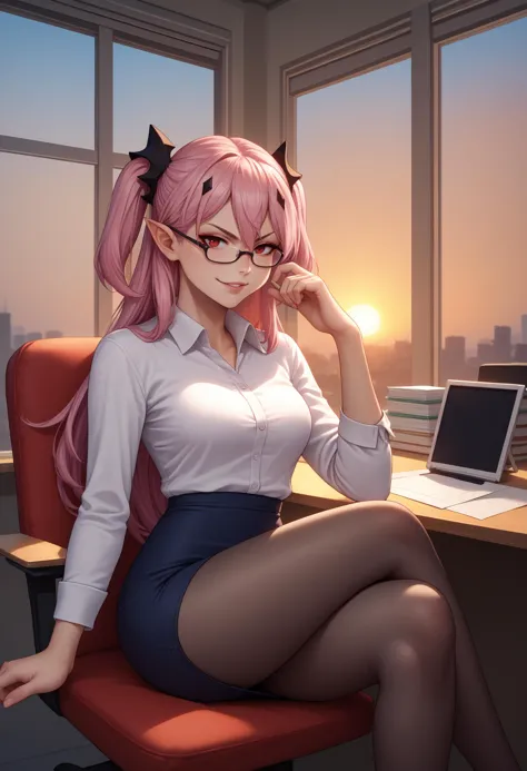 anime girl sitting in a chair with a laptop and a cat ears