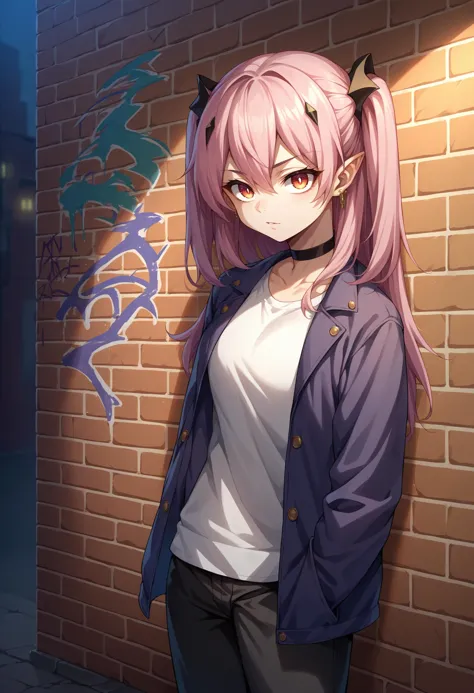 score_9, score_8_up, source_anime, 1girl, solo, KrulTepes, long hair, two side up, hair ornament, earrings, sharp eyes, choker, neon shirt, open jacket, turtleneck sweater, night, against wall, brick wall, graffiti, dim lighting, alley, looking at viewer, <lora:ChamKrulTepesPonyXL:1>