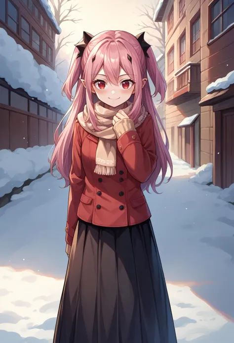 anime girl in winter clothes standing in snowy alley with buildings