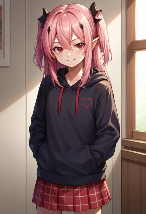 anime girl with pink hair and a black hoodie standing in front of a window