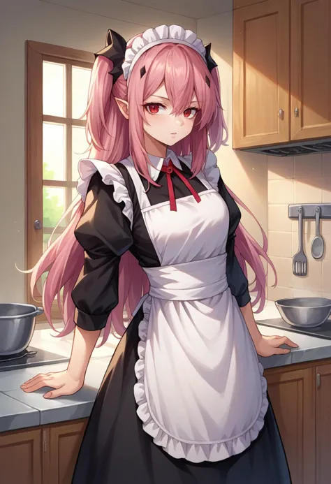 score_9, score_8_up, source_anime, 1girl, solo, KrulTepes, red eyes, pink hair, long hair, two side up, black hair ornament, maid, maid headdress, maid apron, kitchen, <lora:ChamKrulTepesPonyXL:1>