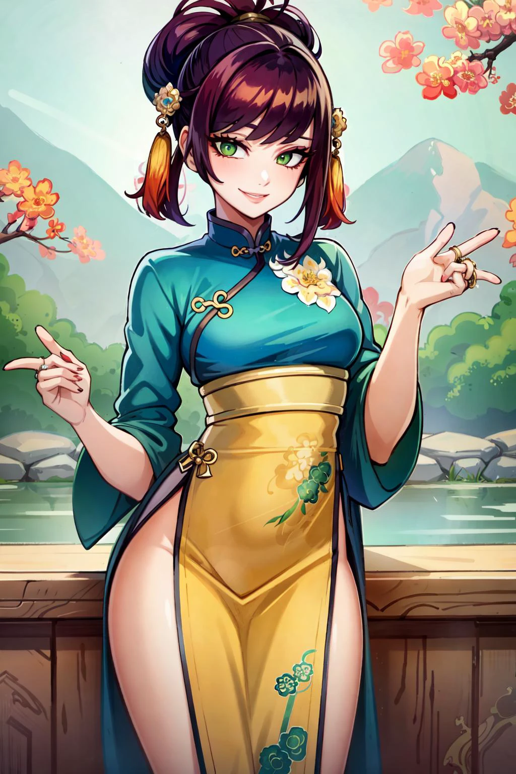 (masterpiece:1.2), (best quality:1.2), perfect eyes, perfect face, volumetric lighting, 1girl, mature female wearing edghanfu, edghanfu, long red hair, top knot, black and gold clothes, smiling,  peaceful pose, green eyes, small breasts, floral pattern, fish pattern, silk, embroideries, long nails, makeup, thick eyelashes, rings, standing in a chinese garden, detailed background, midday  