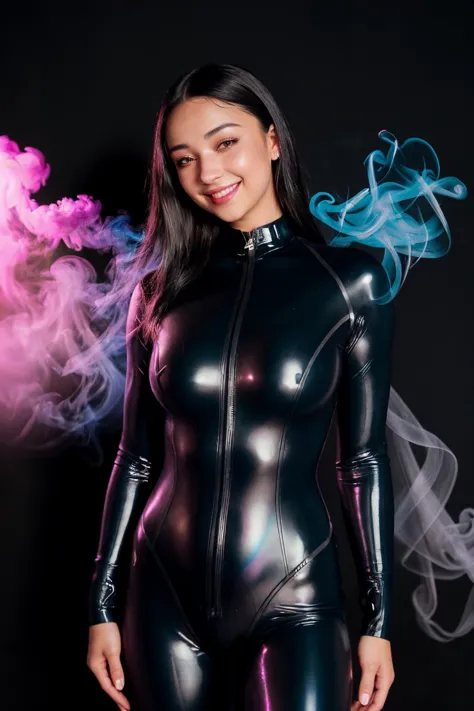 DV_Spirit_Vicious, ((Black Theme, Black backdrop:1.4)), (Close-Up Shot, headshot:1.4), (wearing black latex catsuit:1.4), (camel...