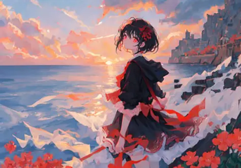 masterpiece, best quality, ultra-detailed, illustration, beautiful detailed red eyes, 1girl, short black hair, Flower sea full of spring atmosphere, beautiful sky