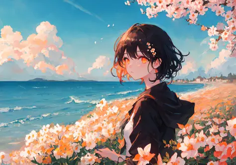 masterpiece, best quality, ultra-detailed, illustration, detailed orange eyes, 1girl, short black hair, flower sea full of sprin...