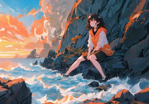 masterpiece, best quality, ultra-detailed, illustration, (beautiful detailed orange eyes), 1girl, short black hair, waves crashing on rocks, beautiful sky