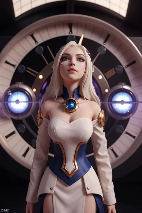 xyzahri, white hair, 1girl, 3d render, cgi, , portrait, solo, half shot, looking up, detailed background, detailed face, dystopian [futuristic|timeless], impossible space, circular patterns, (style-swirlmagic:1.0), hourglass, clockwork, clock gears,     cosmic space in background, epic atmosphere