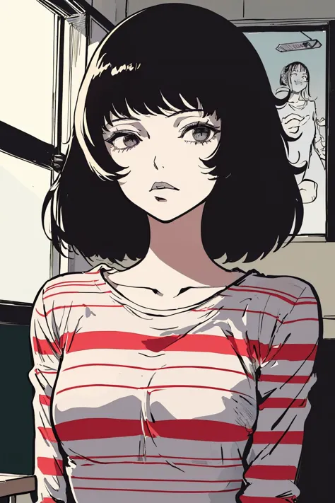 (masterpiece, best quality:1.2), <lora:sadayokawakami:.6>, sadayokawakamisweater, 1girl, solo, shirt, striped, striped shirt, indoors, classroom, chalkboard, window, looking at viewer, portrait, <lora:junji_ito_v6:1>, junji_ito style,  <lora:guidocrepax:0.6>, crepax