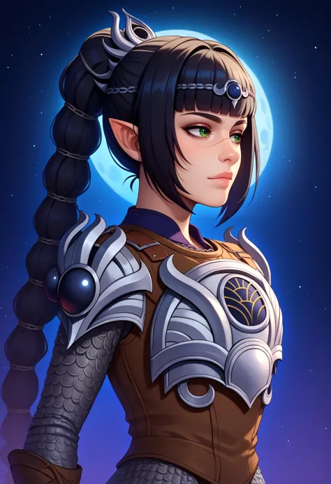 a woman in armor with a moon in the background