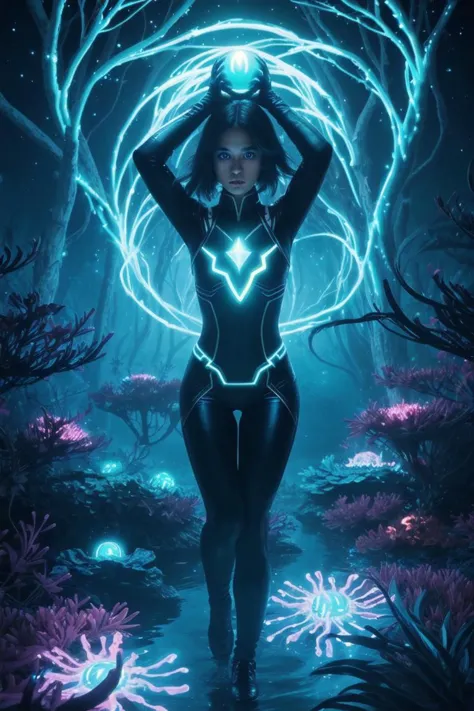 a woman in a black suit standing in a forest with glowing lights