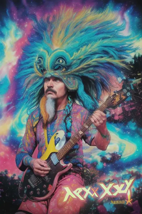 a man with a guitar and a colorful wig playing a guitar