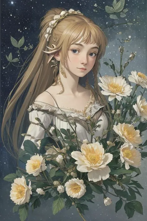 a painting of a woman with long hair holding flowers