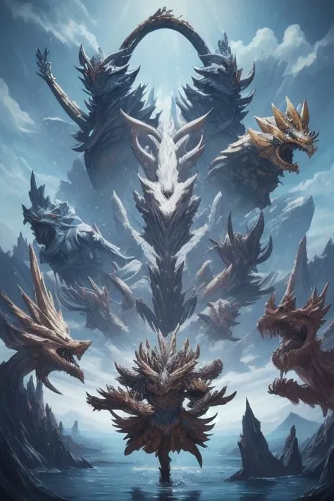 a group of dragon like creatures in a blue sky