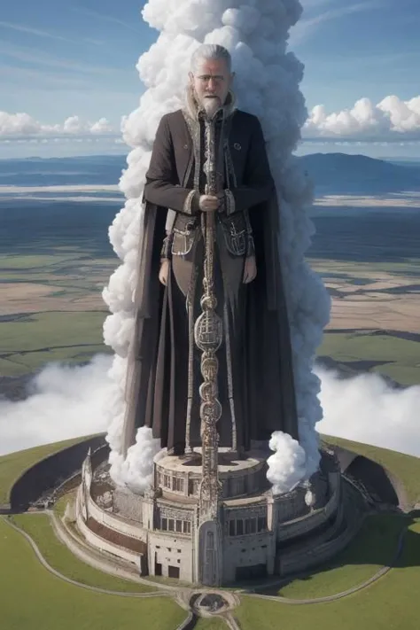 a man in a cloak and cape standing on top of a tower