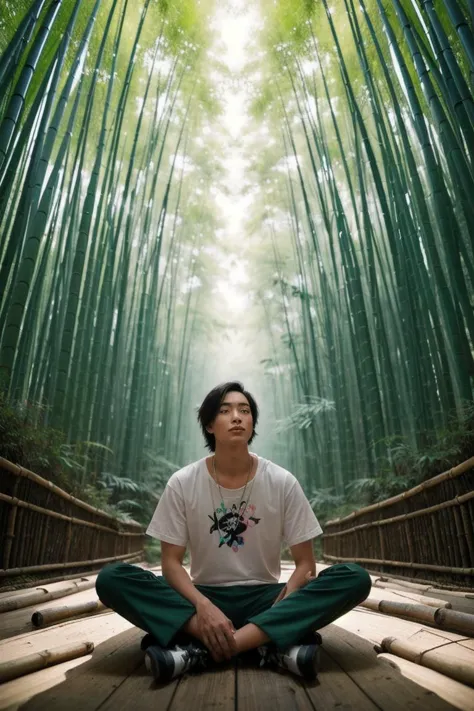 a man sitting on a wooden platform in front of a bamboo forest