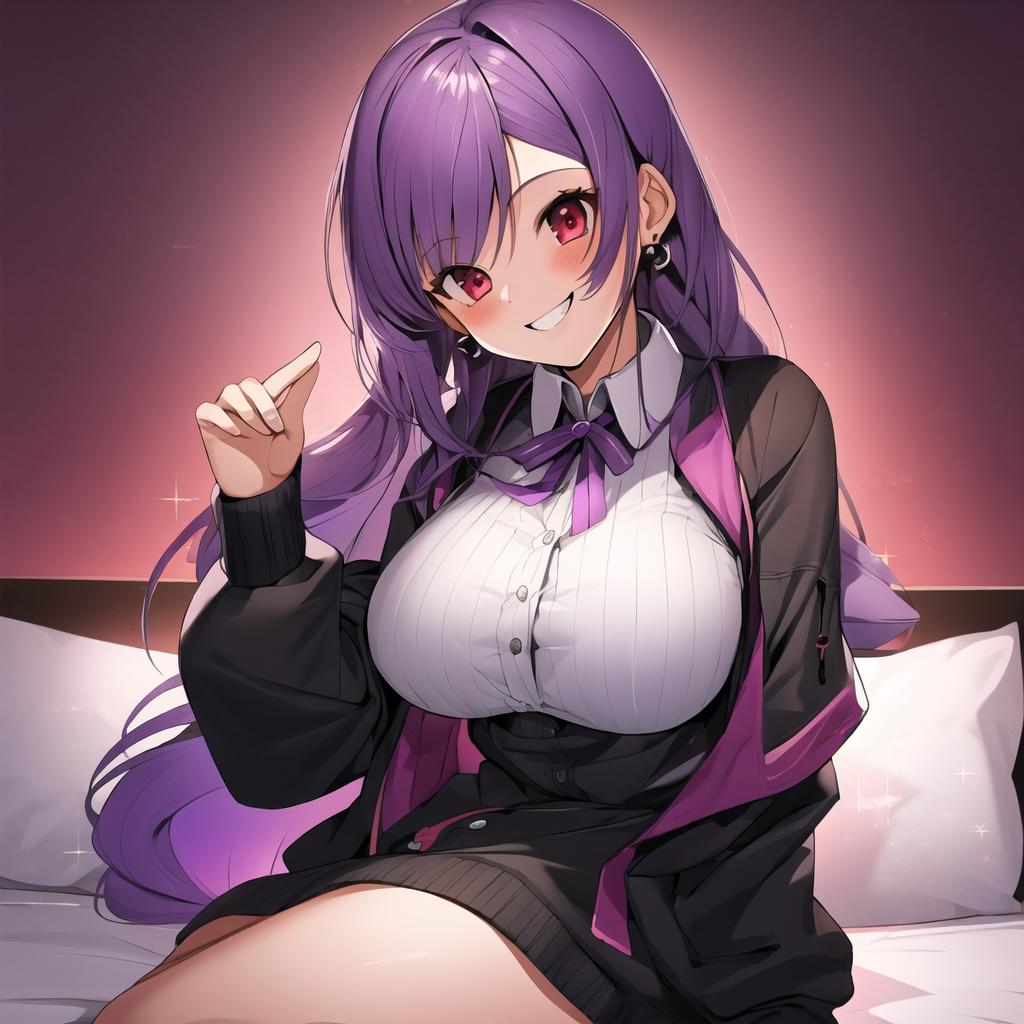 Anime girl with purple hair and big breast sitting on a bed - SeaArt AI