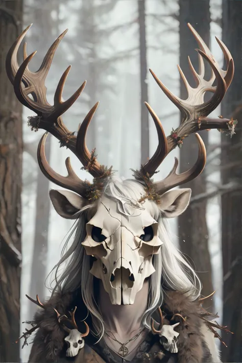 <lora:paganantlersandskulls:0.8>, antlerstyle, reindeer, skull || antlers, bone, masterpiece, 8k, high resolution, shallow depth...