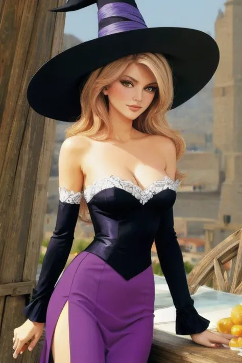 Megan_Kraft <lora:dcsorceress-nvwls-v1:0.8> dcSorc, witch hat, strapless dress, detached sleeves