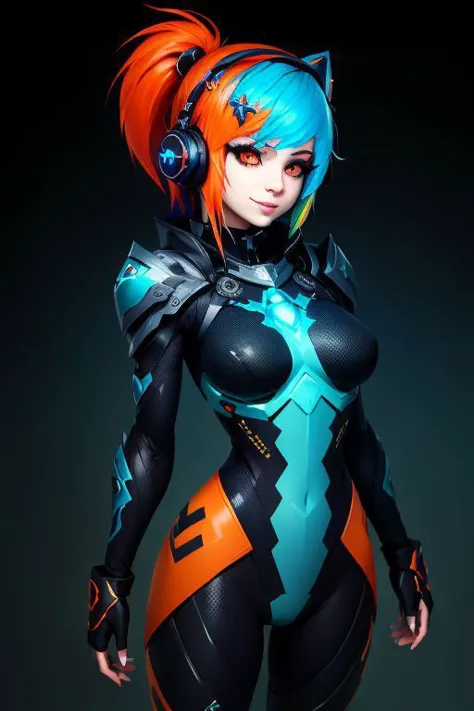 (masterpiece, best quality:1.2), cowboy shot, solo, 1girl,, smile, hexagon, looking at viewer, long two-tone hair cyan orange edgScene hairstyle, headphones, hairband, hair ornament, long sleeves, dark blue [(crNanosuit|War_Glam)::0.85]_breastplate, orange pants <lora:edgNanoWarrior:0.88> <lora:EDGHAIRSALON_edgScene:0.75>