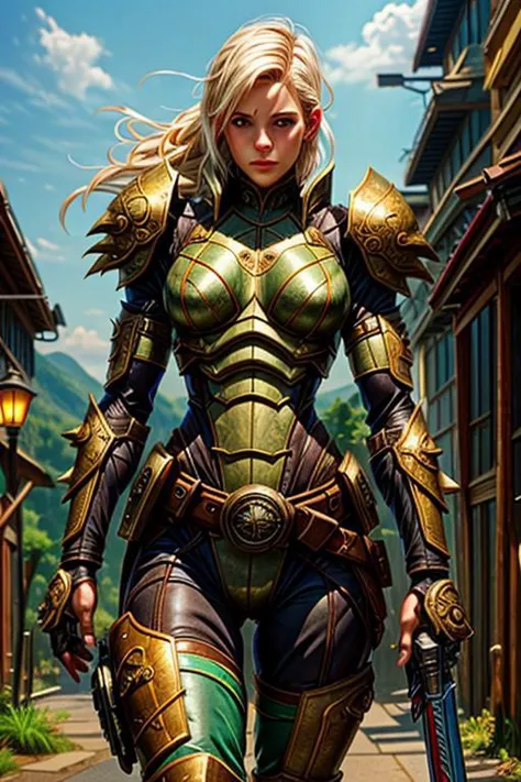 white blonde, short spiky hair, cute, arm guards, <lora:FAPoses2_2:1>female action poses, ornate green and gold armor, n7armor, ...