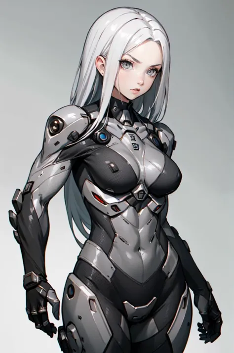 a woman in a futuristic suit with a gun