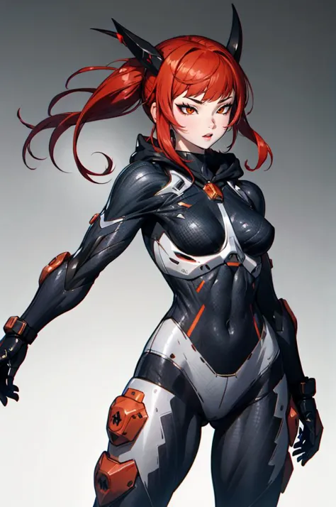 cowboy shot,  <lora:edgNanoWarrior:1> [(crNanosuit|War_Glam)::0.5], [power armor|armor], wearing [(crNanosuit|War_Glam)::0.5],, absurdres, ultra detailed, masterpiece, best quality, aesthetic, detailed,, solo, 1girl, red hair, orange eyes, amber eyes, swept bangs, parted bangs, <lora:LowTwintailsHelper:1> low twintails,
short hair, medium hair, small breasts, <lora:Tsurime3:1>, (tsurime:1.2),, leggings, leather jacket, long shirt, combat boots, hoodie,