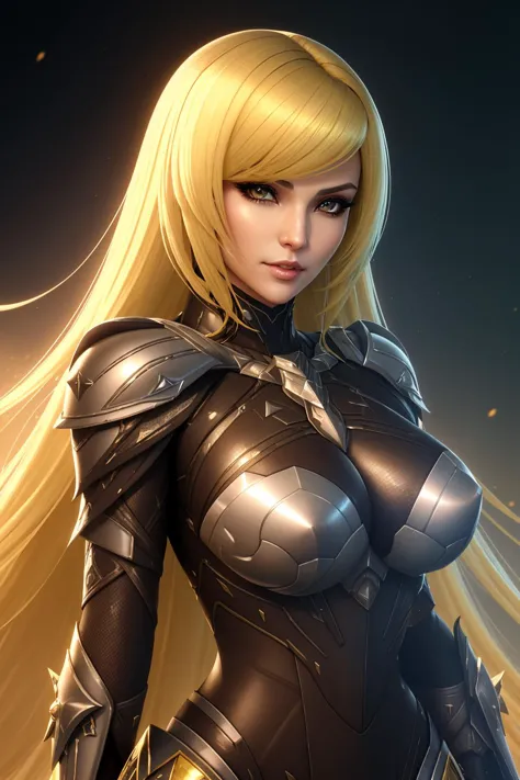 a woman in armor with long blonde hair and a sword