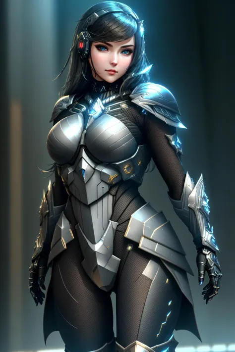 a woman in armor poses for a photo in a dark room